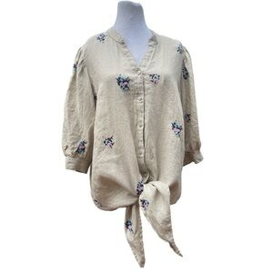 CHARTER CLUB L beige & embrodiered flower puff 1/2 sleeve waist tie linen blouse